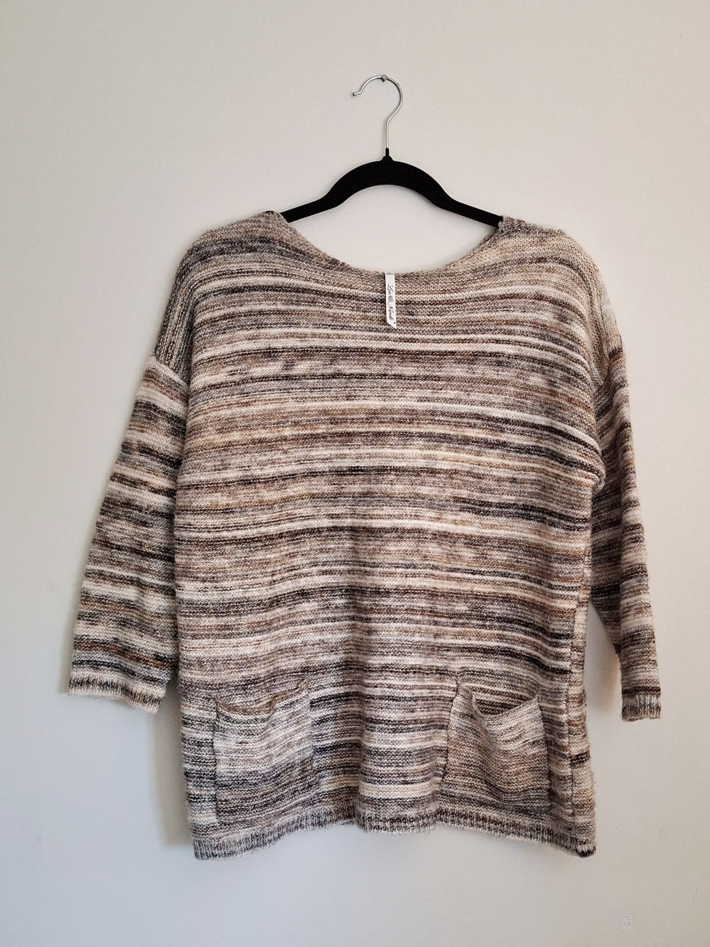 Leo & Nicole Striped Wool Blend Neutral Pocket Sweater - Women Petite Medium